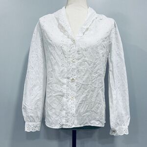 VTG 70s S White Cottage Peter Pan Eyelet Embroidered Button Up Blouse Victorian
